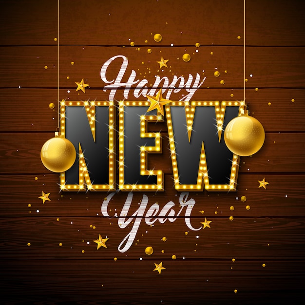 Happy new year illustration with 3d light bulb typography lettering and ...