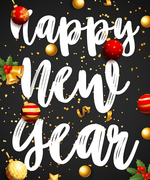 Free Vector | Happy new year lettering with baubles and bells