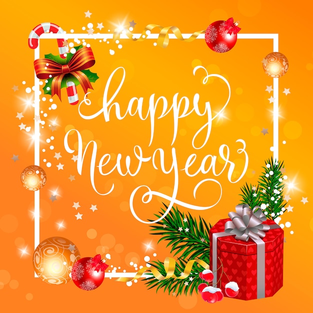 Happy New Year Lettering With Gift Free Vector