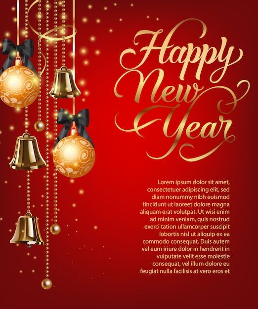 Happy new year lettering with sample text and baubles Free Vector
