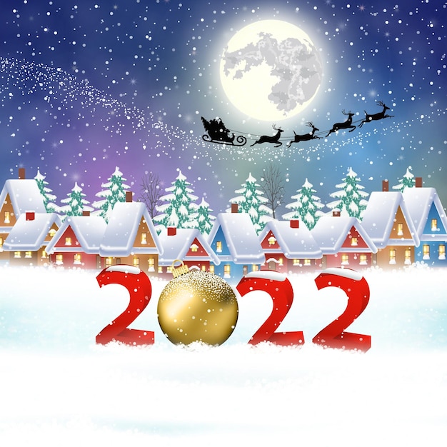 Christmas In The Sky 2022 Premium Vector | Happy New Year And Merry Christmas Winter Village With  Trees. Santa Claus With Deers In Sky Above The City. Concept For Greeting  And Postal Card, Invitation, Template, Vector Illustration.