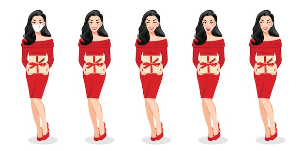 Premium Vector Happy New Year And Merry Christmas With Excited Surprised Woman In Red Sweater Dress Holding Present Box