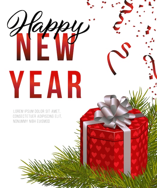 Happy New Year Poster Design Red Gift Box Free Vector