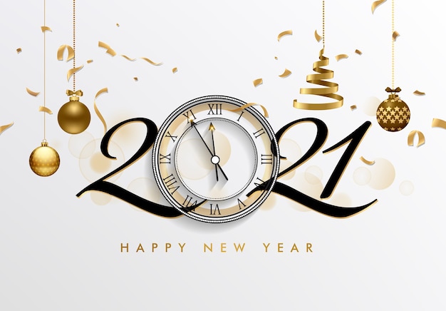 Premium Vector | Happy new year with clock and festive elements