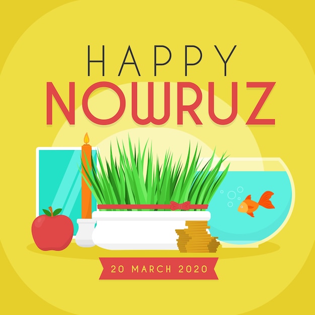 Free Vector Happy nowruz with grass and fish bowl