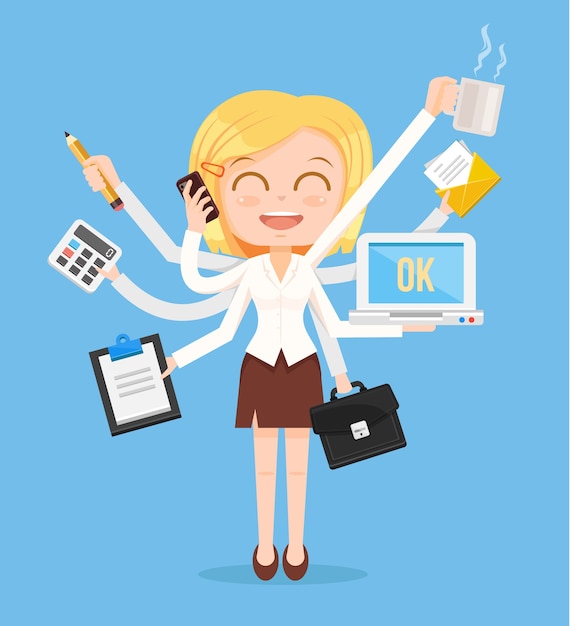 Premium Vector | Happy office woman character. multitasking hard work.