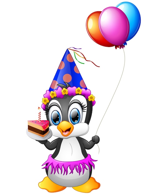 Download Happy penguin cartoon holding birthday cake and balloon Vector | Premium Download