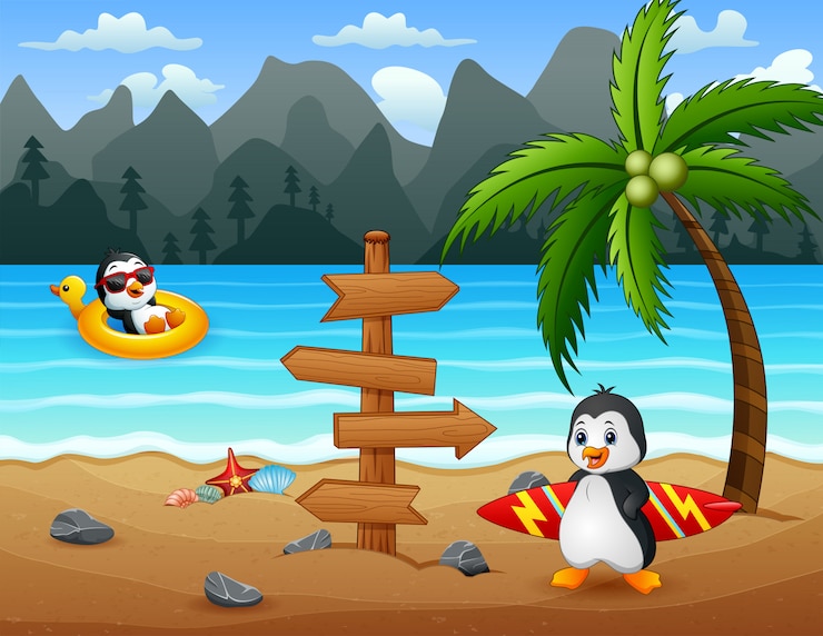 Premium Vector | Happy penguins on tropical beach