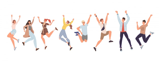 Premium Vector | Happy people jumping high giving high five set