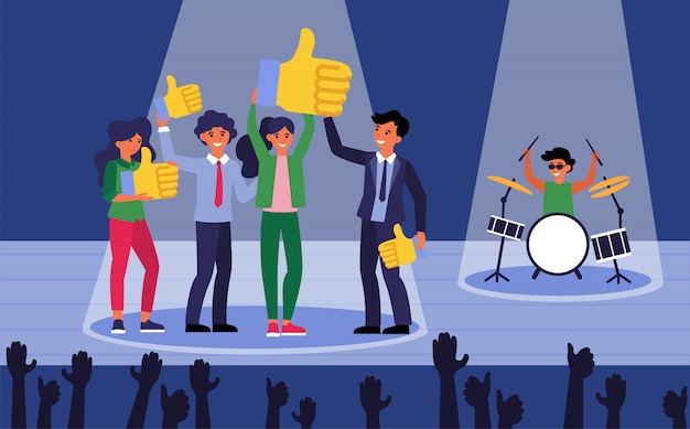 Happy people on stage showing likes Free Vector