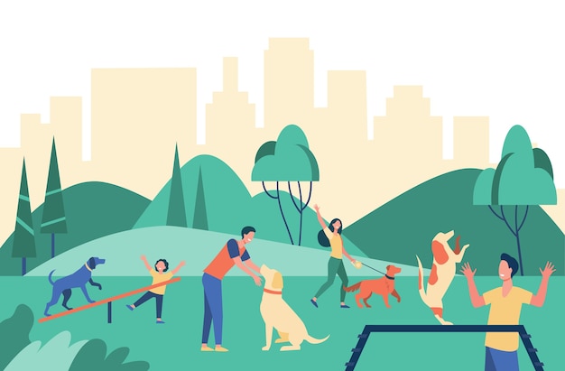 都市公園で犬と一緒に歩いている幸せな人々は フラットなイラストを分離しました 無料のベクター