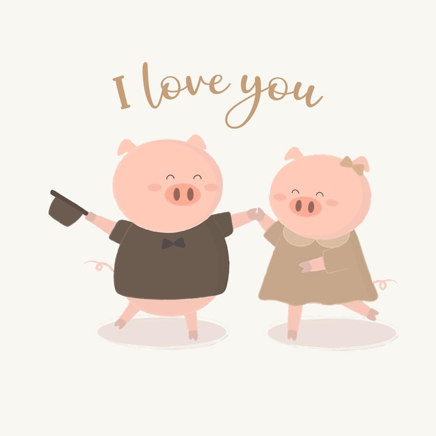 幸せな豚の恋人のダンス 孤立した漫画かわいい動物ロマンチックな動物のカップルの愛 バレンタインのコンセプト イラスト 無料のベクター