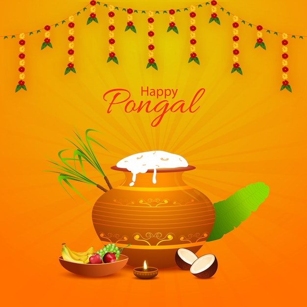 Happy Pongal Greeting Card Design With Mud Pot Full Of Pongali
