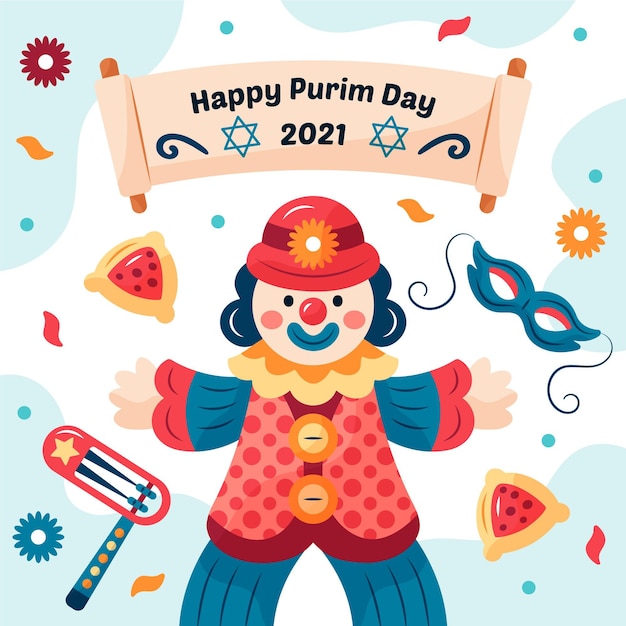 Free Vector Happy purim day illustration with clown and date