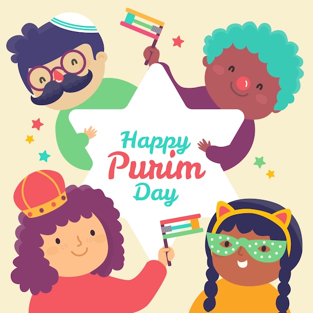 Happy purim day with dressed up people | Free Vector