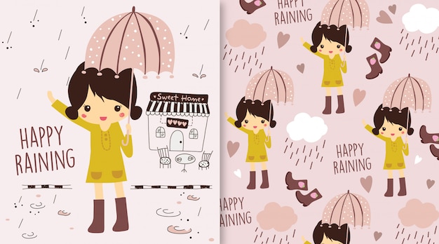 幸せな雨が降っている女の子のイラスト プレミアムベクター