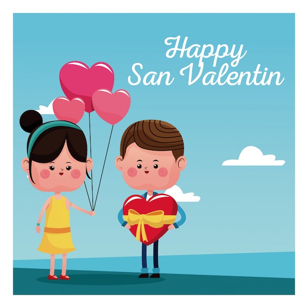 Happy san valentine card girl branch balloons and boy with red heart ...