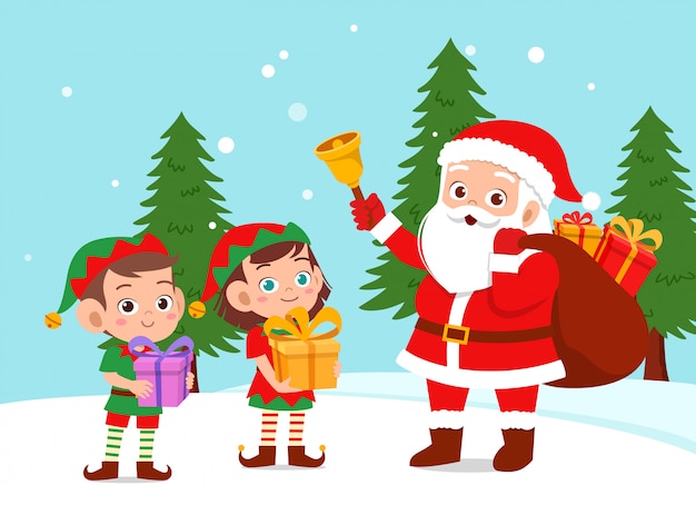 Happy santa give present to kids Vector | Premium Download