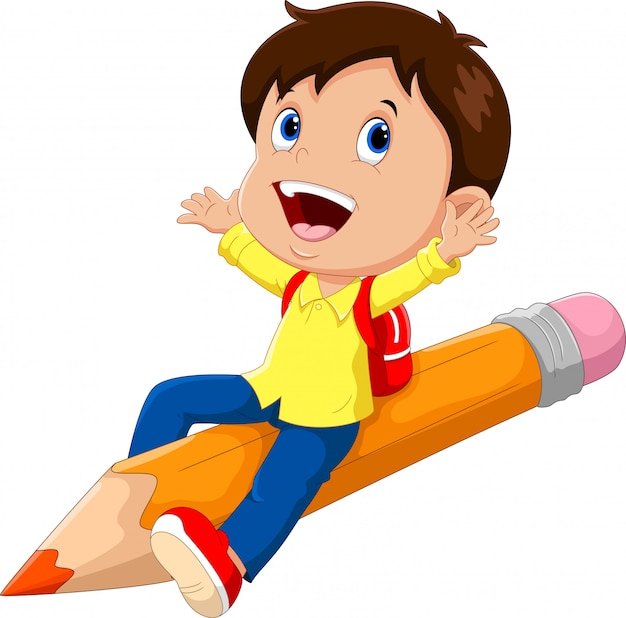 Premium Vector | Happy school boy sitting on a pencil