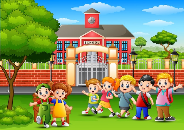 Happy school children standing in front of school building | Premium Vector