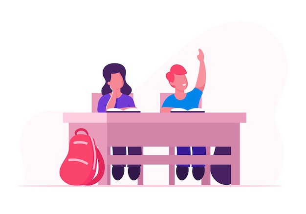 Premium Vector | Happy school kids boy and girl sitting at desk in ...