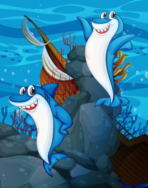 多くのエキゾチックな魚と水中シーンで幸せなサメの漫画のキャラクター 無料のベクター