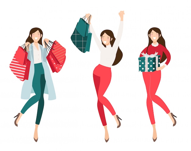 Download Premium Vector | Happy shopaholic girl shopping for ...
