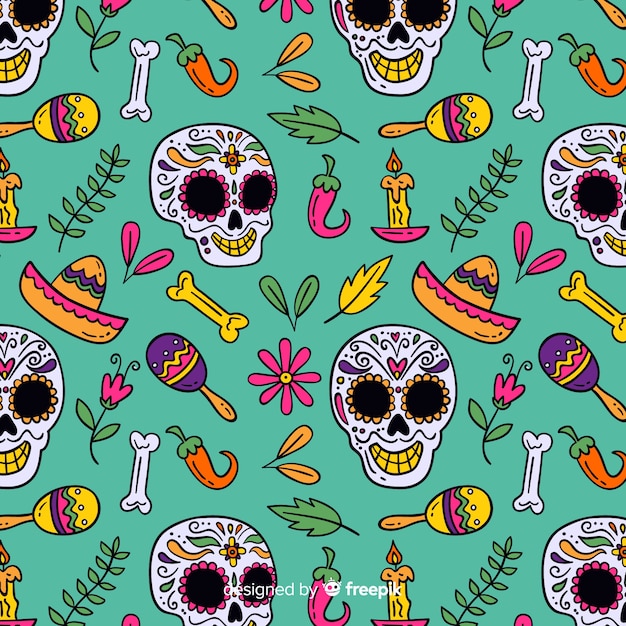 Free Vector Happy Skull And Mexican Elements Hand Drawn Dia De Muertos Pattern