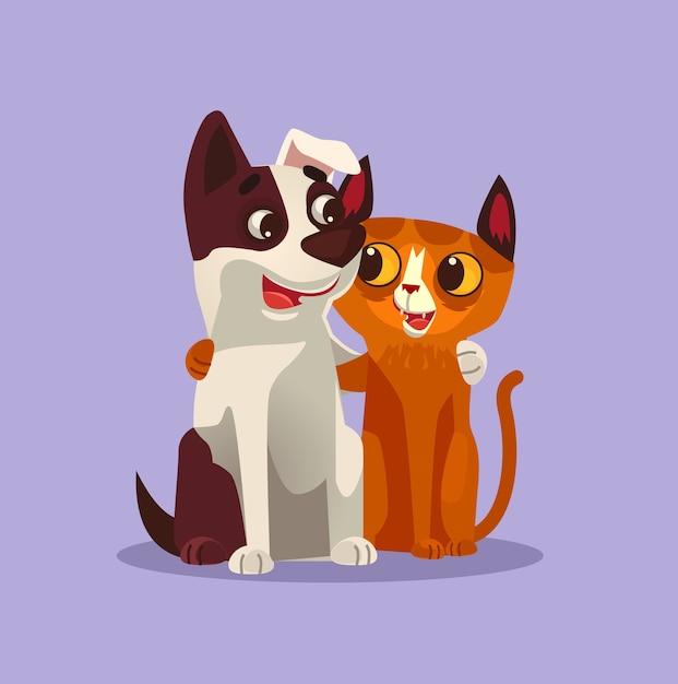幸せな笑顔の猫と犬のキャラクターの親友のイラスト プレミアムベクター