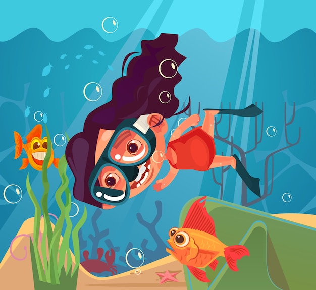 Premium Vector Happy Smiling Girl Character Scuba Diving Flat Cartoon Illustration