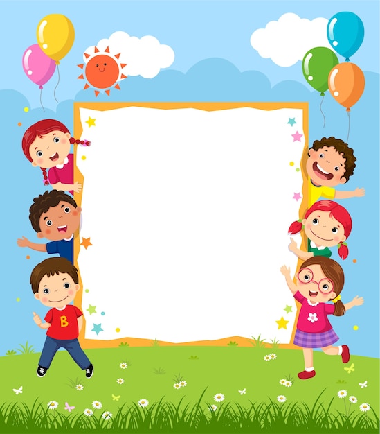 Premium Vector | Happy smiling group of kids showing blank board