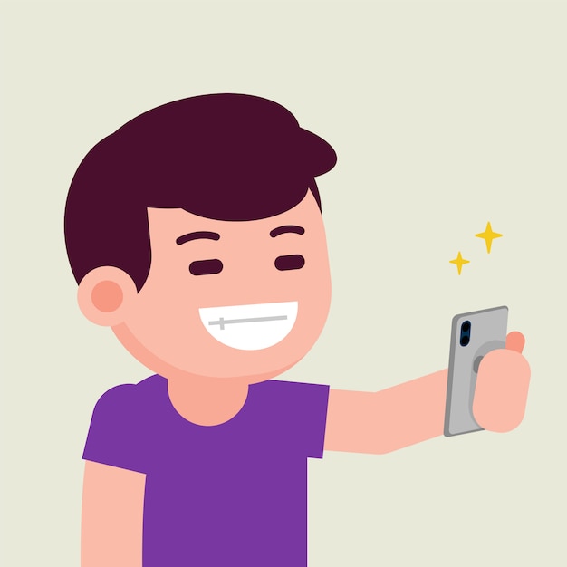 スマートフォン ベクトルフラットイラストでselfieを取って幸せな笑みを浮かべてハンサムな陽気な若い男 プレミアムベクター