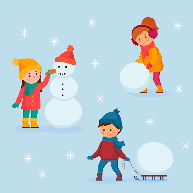 Premium Vector | Happy smiling kids in wintertime making a snowman ...