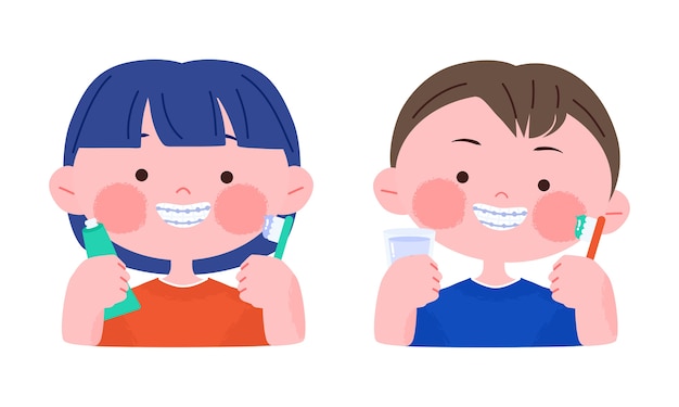 Premium Vector Happy Smiling Little Boy And Girl With Dental Braces Holding Toothbrush Hand Drawn Cute Cartoon Character Illustration