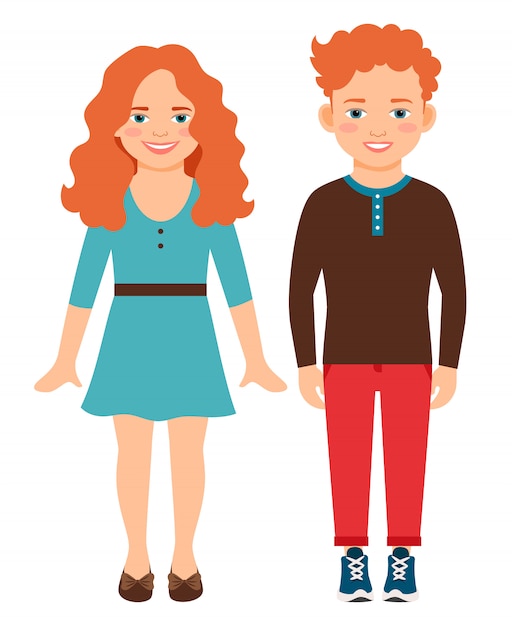 幸せな笑顔の赤い髪の子供たちはベクトルイラストです 無邪気な赤毛の赤毛の女の子と男の子の分離 プレミアムベクター