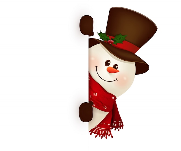 Premium Vector | Happy smiling snowman standing behind a blank sign ...