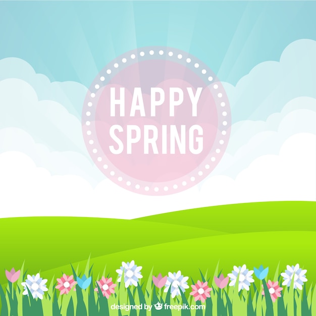 Happy spring background with meadow and\
flowers