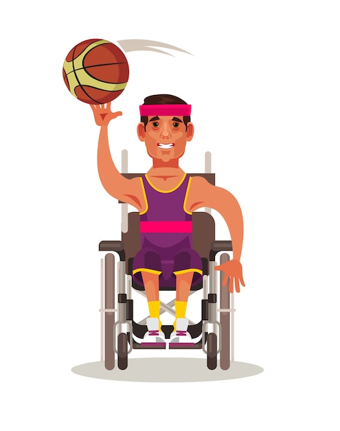 車椅子に座ってバスケットボールの試合をしている幸せな強い男のキャラクター パラリンピック競技コンセプト漫画イラスト プレミアムベクター