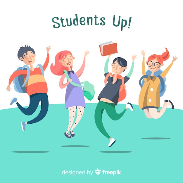 Happy students jumping with flat design Free Vector