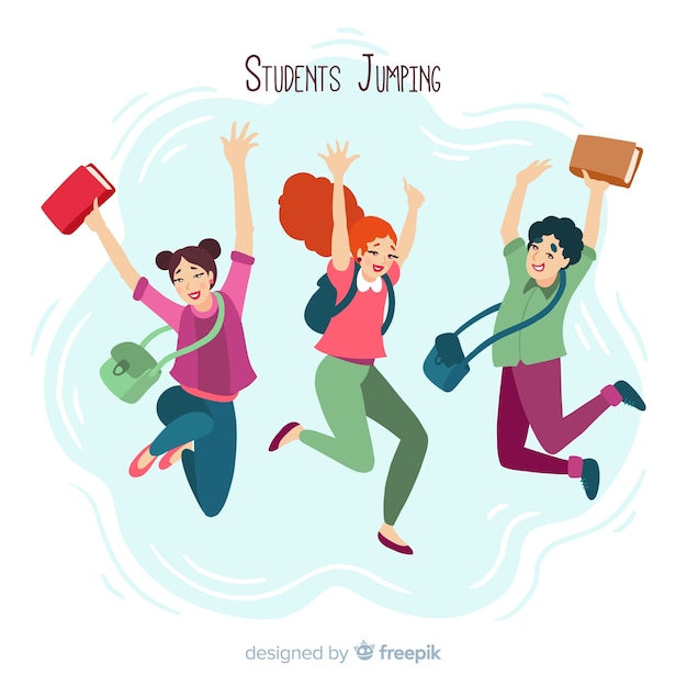 Download Happy students jumping with flat design Vector | Free Download