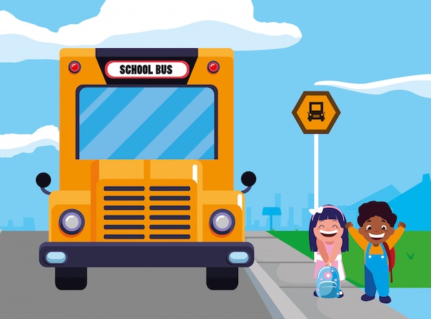 Premium Vector | Happy students kids in the school bus stop scene