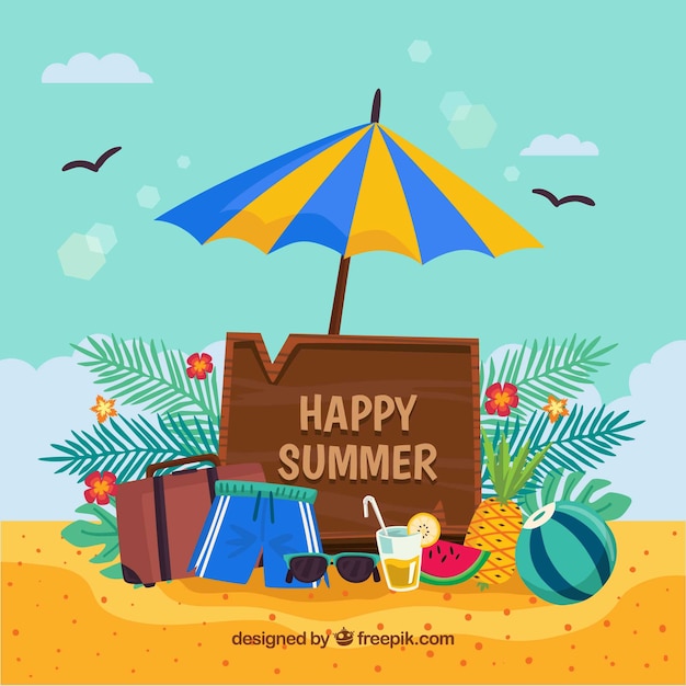 Download Free Vector | Happy summer background with beach objects