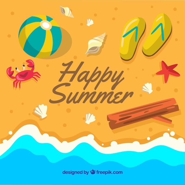 Happy summer background with objects on the seashore | Free Vector