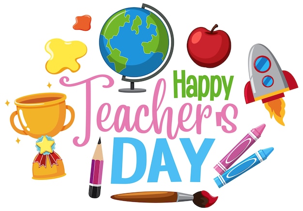 Premium Vector | Happy teacher's day logo with set of stationary elements