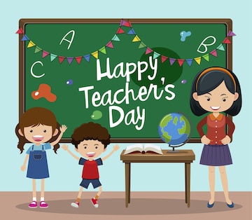 Premium Vector | Happy teacher's day text on chalkboard with kids and ...