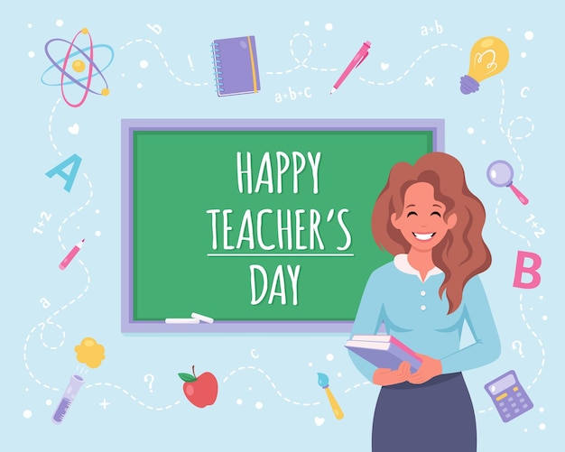 Premium Vector | Happy teachers day female teacher in classroom with ...