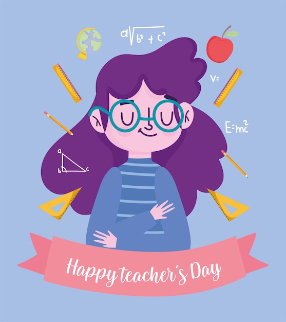 Premium Vector | Happy teachers day, teacher cartoon with supplies ...