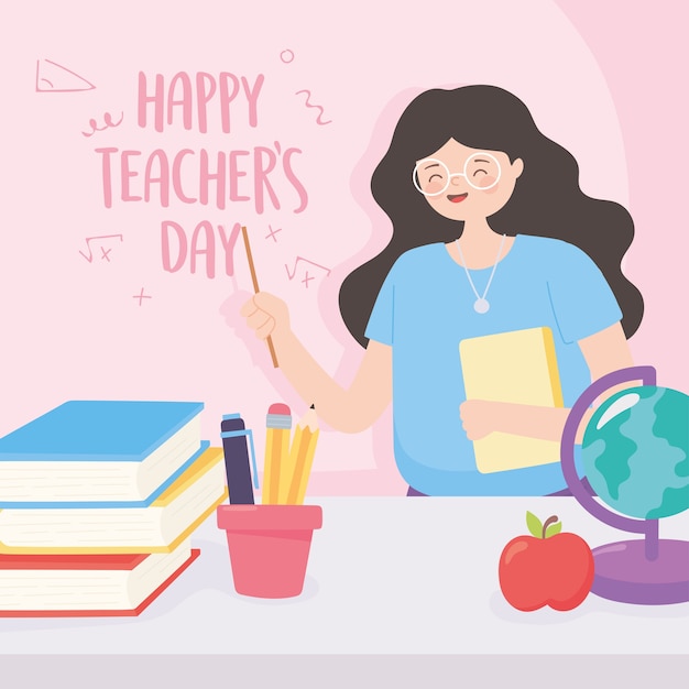 Download Premium Vector | Happy teachers day, teacher school globe map apple books and pencils