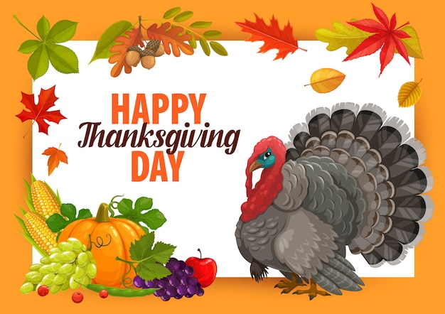 Premium Vector | Happy thanks giving day frame with turkey, pumpkin and ...