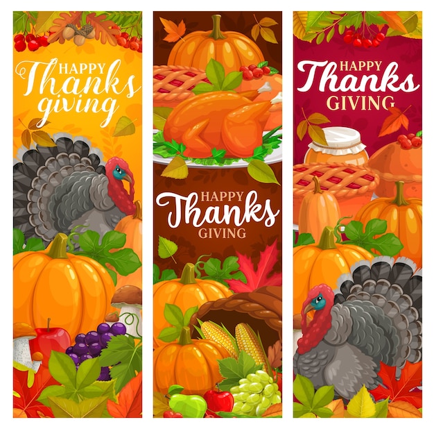 Premium Vector Happy Thanksgiving Banners With Falling Leaves Autumn Harvest Pumpkin Pie 4357